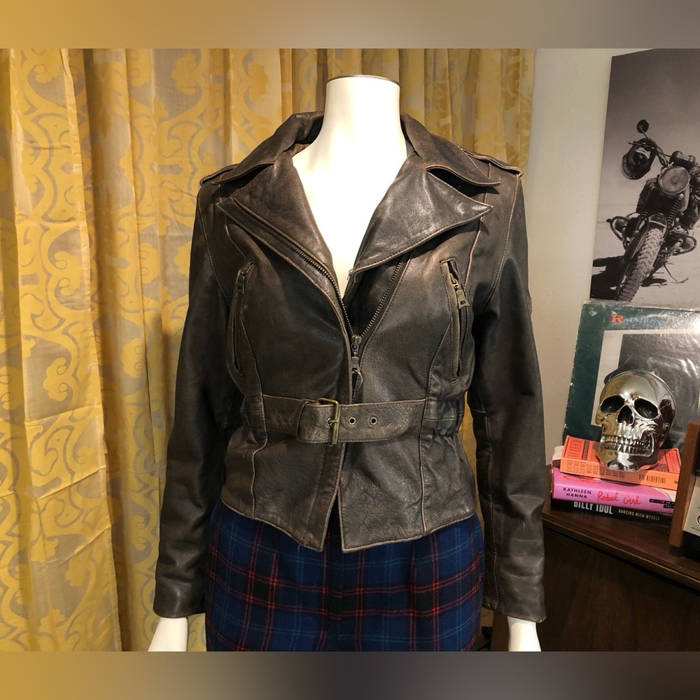 Women's Oakwood Flying Bikes Brown Leather Moto Jacket with Waist Belt